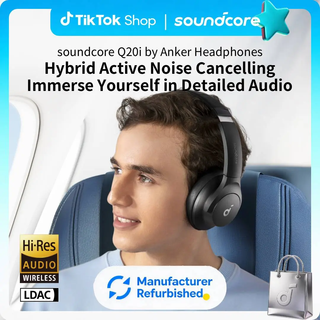 [Refurbished]soundcore by Anker Q20i Hybrid Active Noise Cancelling Headphones, Wireless Over-Ear Bluetooth, 40H Long ANC Playtime, Hi-Res Audio, Big Bass, Customize via an App, Transparency Mode