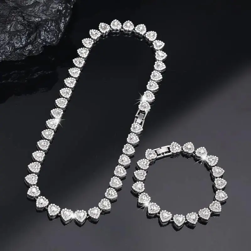 2pcs Heart Shaped Cuban Chain Necklace Set for &,Hip Hop Style Choker Set,Luxurious Jewelry Set for Valentine's Day Gifts, Birthday,Everyday & Party Wear, for Men Women Teenager#SummerWins
