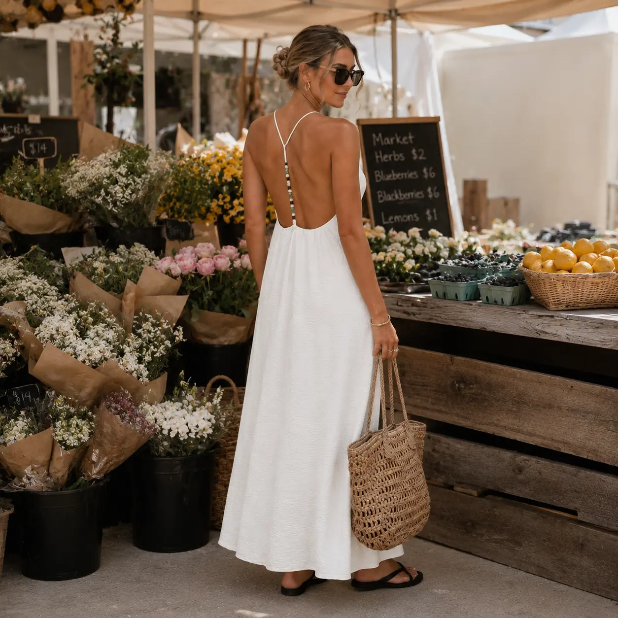 women's solid color backless halter dress Hinvhai Women's Halter Neck Sleeveless Maxi Dress Backless Side Pockets Solid Color Casual Loose Fit Dress White, Size: Large