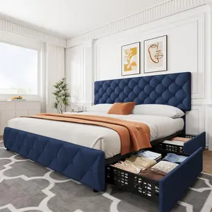 King Size Bed Frame with 4 Storage Drawers and Adjustable Headboard,Faux Leather Upholstered Platform Beds,Diamond Stitched Button Tufted,No Box Spring Needed,Blue