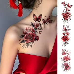 3pcs Red Rose And Butterfly Temporary Tattoos, Waterproof Realistic Tattoos, Suitable For Women, Waterproof Body Fake Tattoos Can Be Used On Arms, Neck, Shoulders, Waist, Legs, Perfect For Holidays, Party, Music Festivals, Valentine'S Day