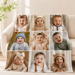 Custom Baby Photo Blanket, Personalized 9 Picture Collage Fleece Throw Blanket, Soft Sherpa Style Keepsake Blanket for Nursery Sofa Bed, Custom Memory Gift for Newborn Baby, Mom, Dad, Grandma, Family, Birthday, Baby Shower