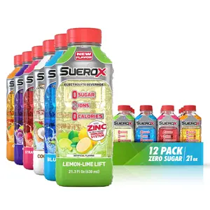 SueroX Zero Sugar Electrolyte Drink Party Pack: Orange, Grape, Strawberry, Coconut, Lemon. 12 Pack.  Sugar-Free Hydration & Recovery with 8 Ions & Electrolytes. Zero Calorie Sports Drink,  21.3 Fl Oz, 12 Count. 12-pack