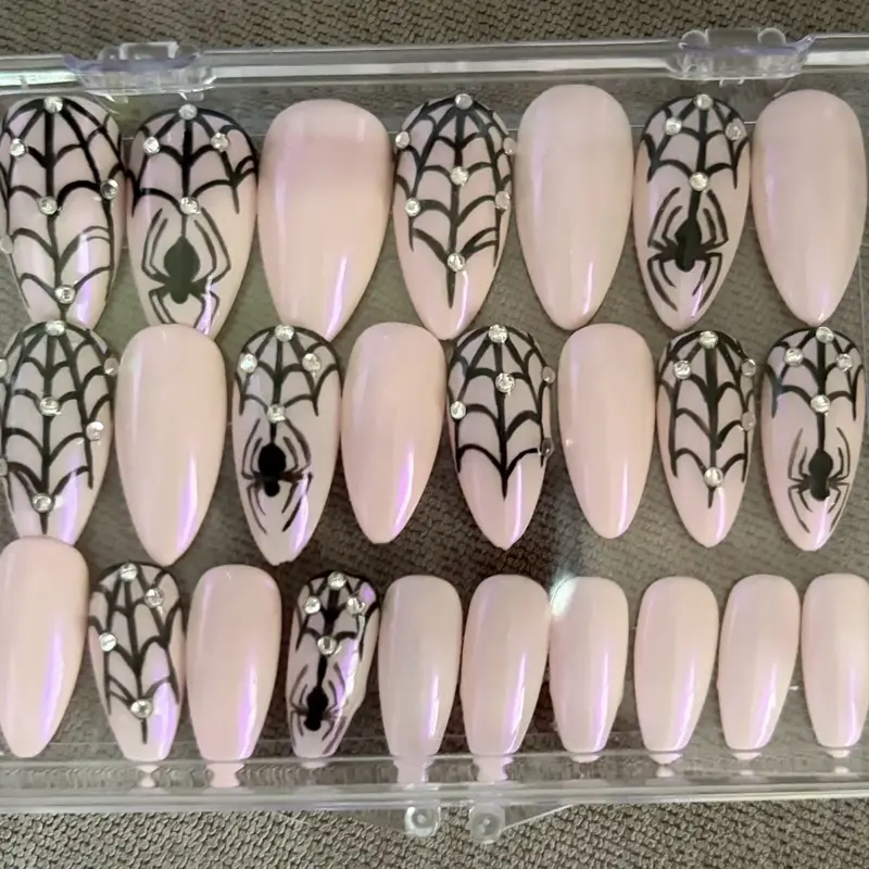 Soft pink shimmery spider hand painted press-on nails- 25 piece set