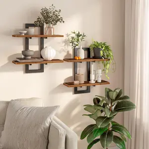 Floating Shelves, 15 Inch Wall Shelf Set of 2, Wall Mounted Storage Shelves 2-Tier, Hanging Bathroom Shelves, for Living Room, Bedroom, Bathroom, Kitchen, Rustic Brown and Black BF32BJ01G1