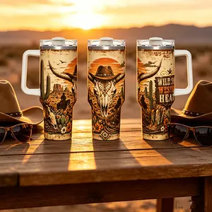 40oz Western Cowboy Print Insulated Tumbler | Double Wall Stainless Steel Cup with Handle & Straw Lid, 12H Hot/24H Cold, Gift for Birthday & Valentine’s Day