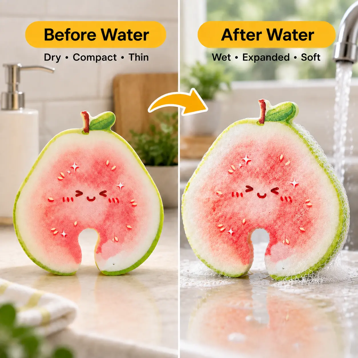 Compressed Cellulose Sponges - 3-Pack Fruit-Shaped Natural Pop-Up Kitchen Sponges, Compostable Plant-Based Non-Scratch Cleaning Tools for Dishes & Household Use