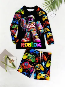 Boys Summer Fashion Long Sleeve Top Shorts Set, 3D Game Controller Graffiti Character Print Beach Tee & Swim Trunks Suit