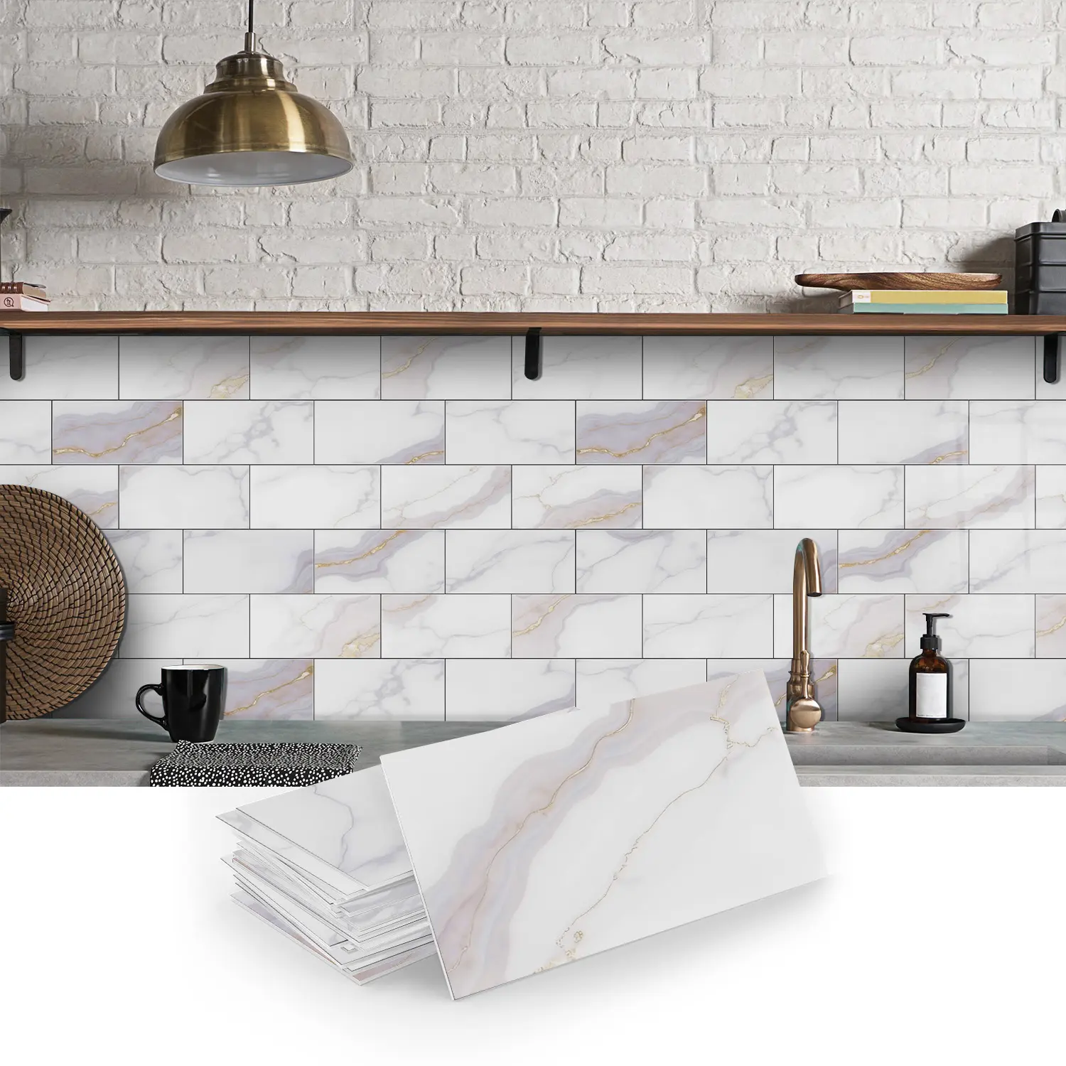 16/32pcs Crystal Film Mounted Foam Wall Sticker, Classic Marble Pattern Sticker, Waterproof And Stain Resistant, DIY Friendly Backsplash Kit,Used For Wall Living Rooms, Kitchens, Study Rooms, Marble Backsplash Wallpaper