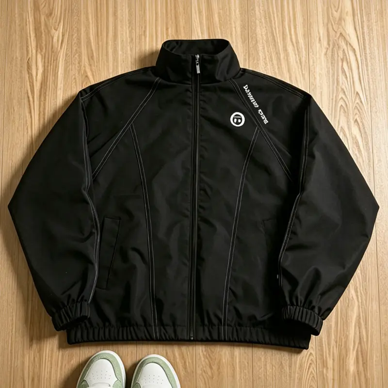 Men’s zip-up track jacket with contrast stitching and stand collar, loose-fit retro athletic windbreaker coat, Y2K American street style hip hop fashion outerwear for daily sports, streetwear, and dating, suitable for fall and winter outfits