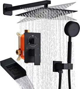Matte Black Shower Tub Faucet Set, Wall Mounted 8 Inch Shower Heads with Handheld  Combo and Tub Shower Faucet, Luxury Bathroom Square Rain Shower System - 4 Hooks