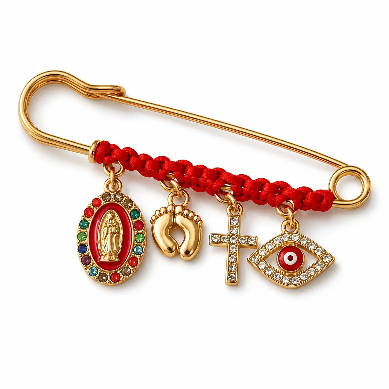 Evil Eye Safety Pin Brooch for Women, Imitation Pearl Religious Charm Pin with Virgin Mary, Cross & Evil Eye Pendants, Faith Inspired Maternity Brooch, Meaningful Baby Shower Gift