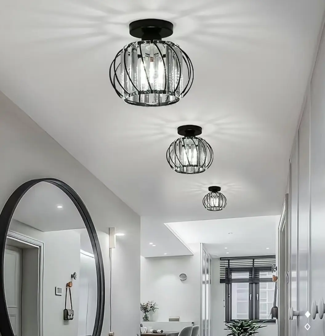 Gold Crystal Cage Semi-Recessed Ceiling Light - E26 Socket, Industrial Metal Frame, Press-Type Dimming Switch, Easy Installation, Warm White Light, Modern Farmhouse-Minimalist Country Style, Ceiling Mount, Suitable for Balcony, Coat Closet