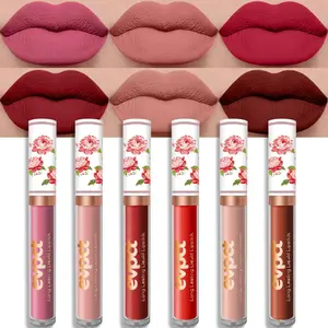 6Pcs Peony Flower Liquid Matte Lipstick Set Dark Ruby Light Brown Rose red Mauve Nude Pink beige Matte Lipsticks Lip Stain Set for Women Long Lasting Waterproof labiales matte larga duracion 24