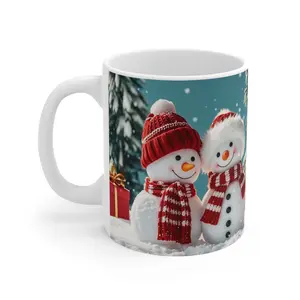 Snowman Couple Mug | Christmas Snowy Scene, Red Hats and Scarves