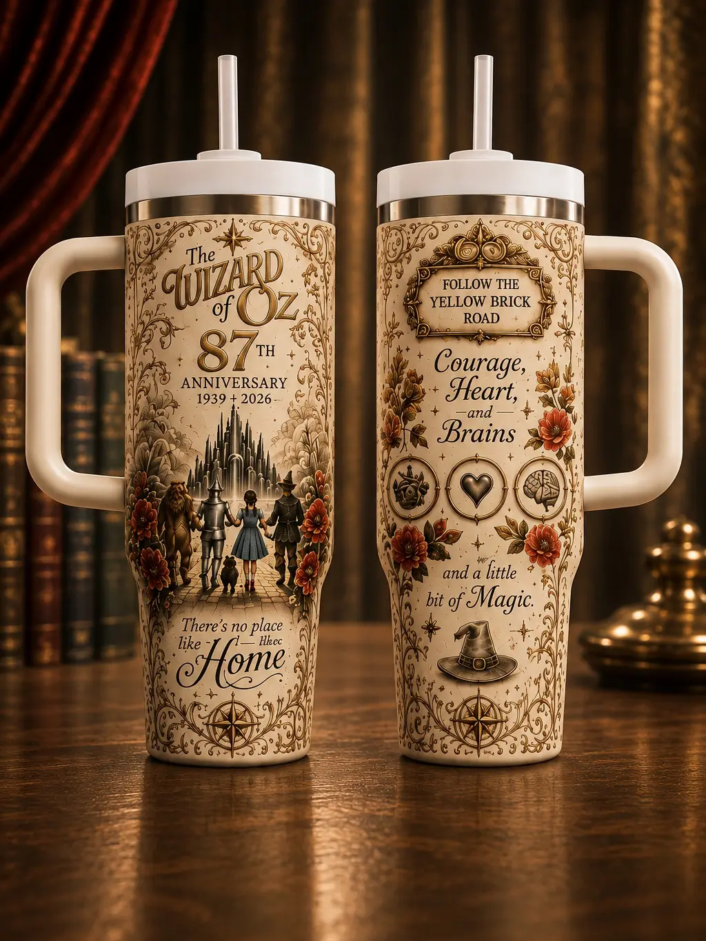 The Wizard of Oz 87th Anniversary 40oz Tumbler with Handle and Straw, Vintage Emerald City Travel Mug, Yellow Brick Road Coffee Cup, Wizard of Oz Fan Gift