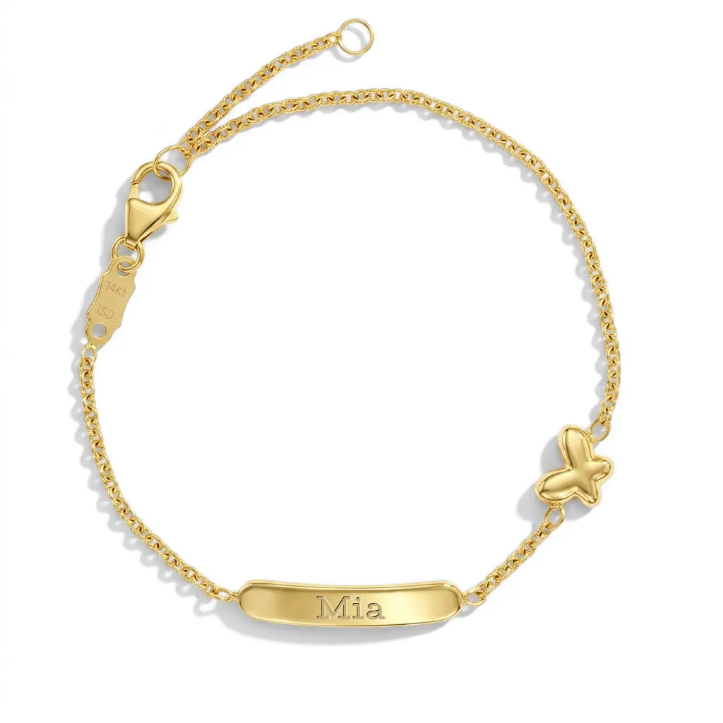14k Gold 5"- 6" Engravable Puffed Butterfly Baby / Toddler / Kids Bracelet