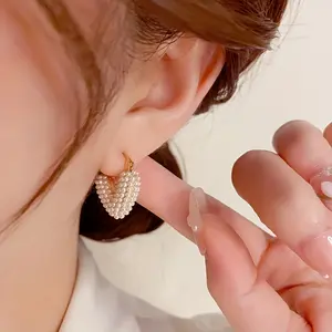 Women's Fashion Pendant Ring Imitation Pearl Love Earrings Personality Daily Wear Date Gift Creative Fashion Jewelry Low Allergy