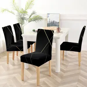 Modern light luxury black chair cover with golden diagonal line print, for dining room, living room, study