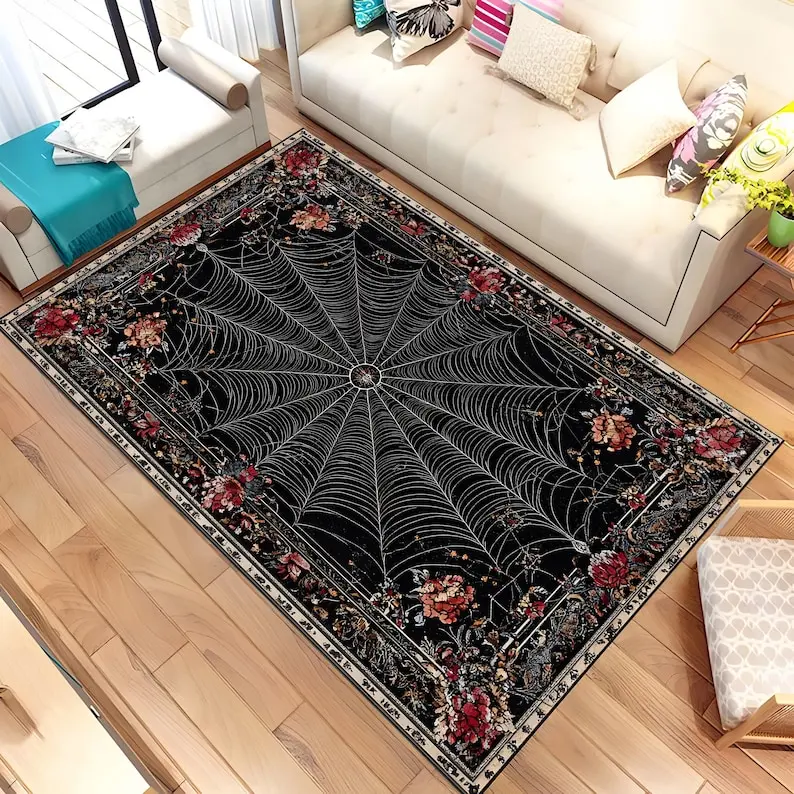 Gothic Spider Web Area Rug,1 Black Gothic Rug For Dark Academia Decor, Goth Area Rug, Living Room Rug, Washable Living Room Rug, Area Rug