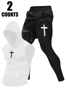 Men's Two-Piece Sportswear Set, Cross & Text Pattern Hooded Vest and Faux Two-Piece Pants, Casual Street Fashion for Spring Summer Fall