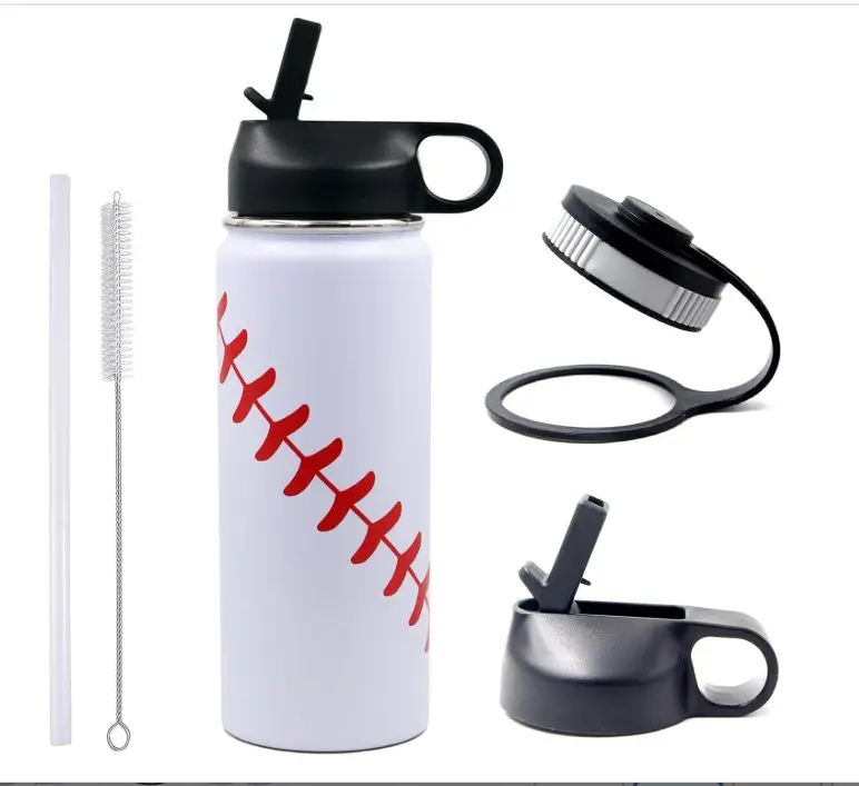18 oz Baseball Water Bottle, Stainless Steel Vacuum Insulated Water Bottle with Straw and 2 Lids, Double Wall Leakproof Sports Flask, Baseball Gifts for Boys, Kids, Coach, Players