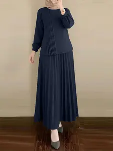 Women's Modest Casual Set, Round Neck Long Sleeve Striped Hoodie with Back Button + Pleated Skirt Design, Perfect for Daily