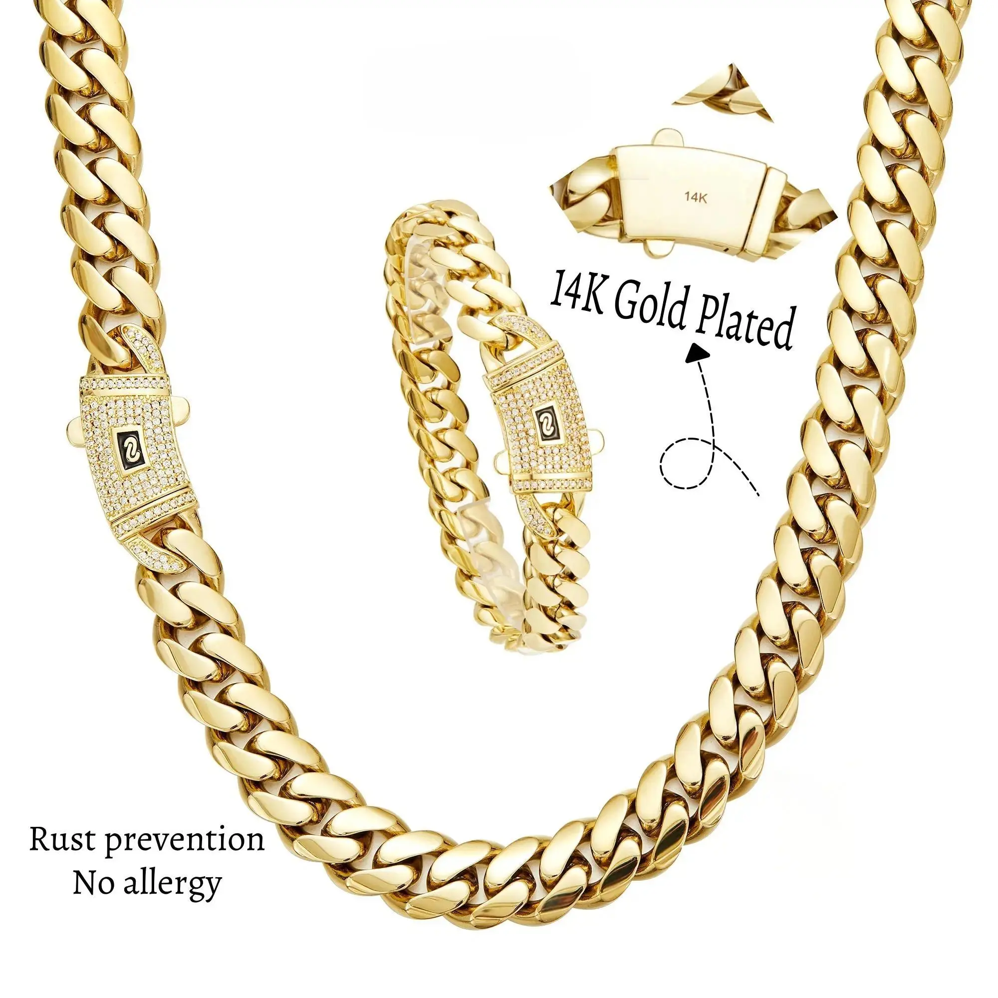 [Set] Men's 14K Real Gold-Plated Cuban Miami Link Necklace & Bracelet, Stainless Steel Anti-Friction Chain, Diamond Clasp, 6/8/10/12/14MM Colorfast Waterproof Hip Hop Jewelry (Black Friday Deal) trendy unisex hop 14-22mm necklace steel chain necklace pro