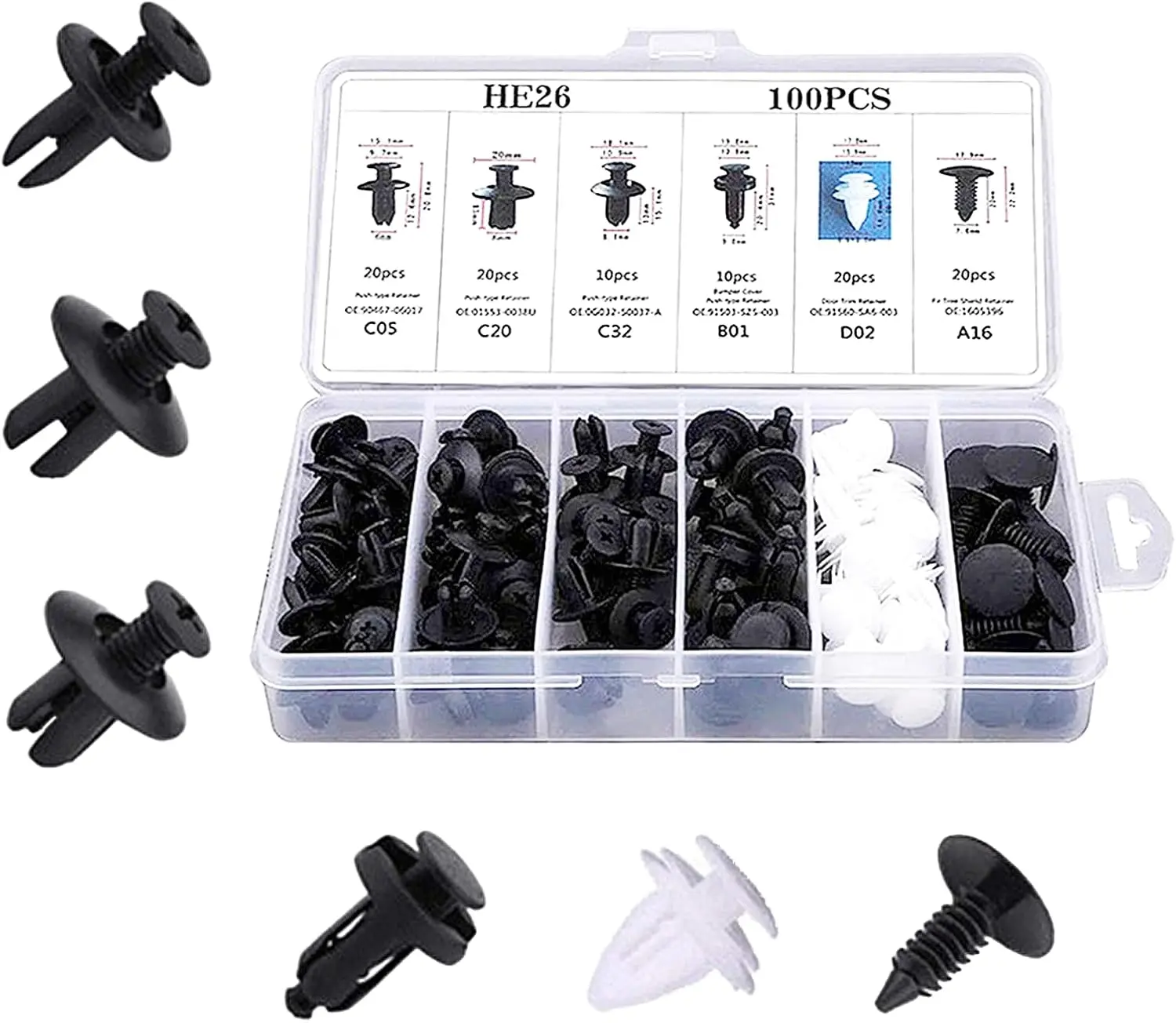 100-Piece Universal Automotive Bumper Clips Fasteners Kit - 6 Common Sizes, Storage Box, Tool-Free Install, Secure Attachment, Impact Resistant, Universal Fit for Body Trim, Door Panel Push Pins, Plastic Rivets, Home Appliances