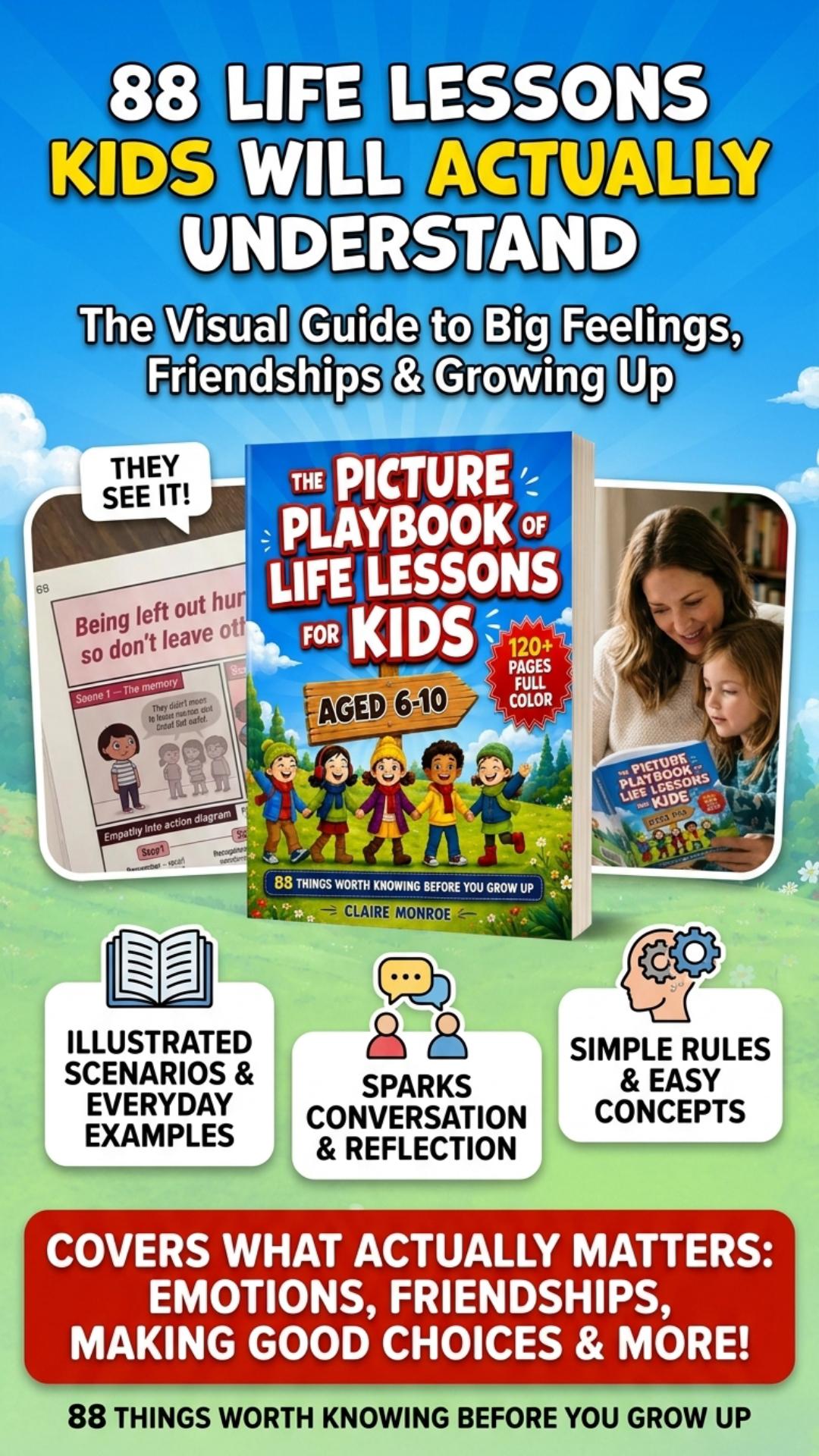 Claire Monroe Children's Learning Book for Ages 6-10, Full Color Illustrated Social Skills Guide for Parents, Homeschoolers & Classrooms with 88 Visual Life Lessons
