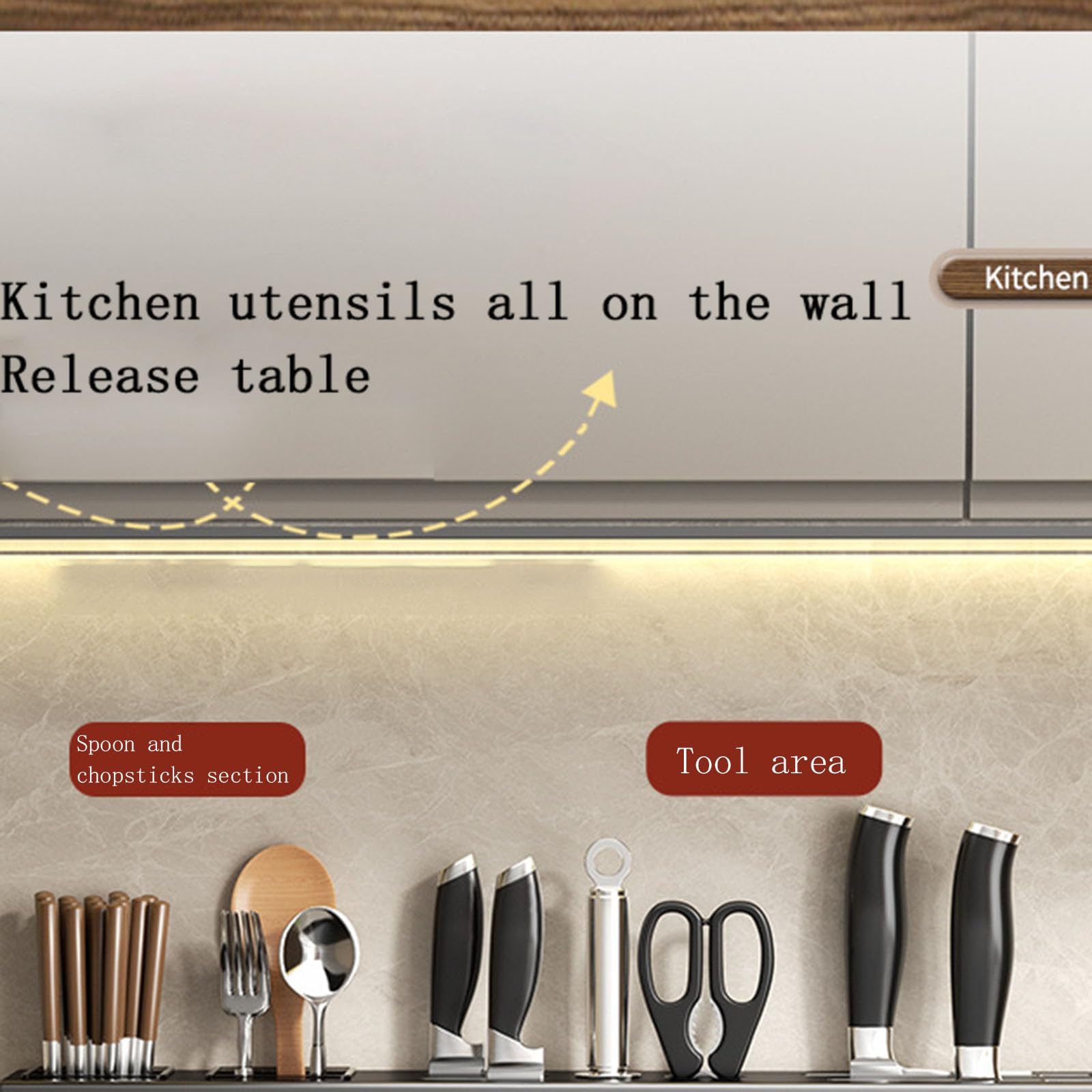 Space-Saving Kitchen Organizer, Wall-Mounted Storage Rack, Multi-Functional Kitchen Organizer with with Drying Holes, Knife Slots, Chopstick Holder & Towel Bar, No-Drill Installation 60cm