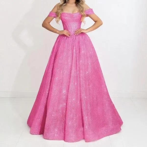 Pink Off-Shoulder Glitter Ball Gown for Prom and Formal Events