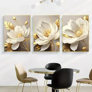 Optional Wooden Frame Golden Plant White Flower Canvas Painting Poster Wall Art Modern Home Decor Pictures for Living Room Kitchen