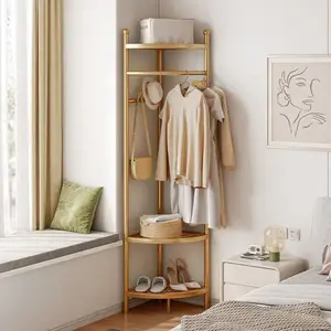 CNCEST Corner Coat Rack Golden Free-Standing Carbon Steel Clothing Organizer with 3 Fan-Shaped Shelves 4 Hooks and 41-Inch Hanging Rod Hangable