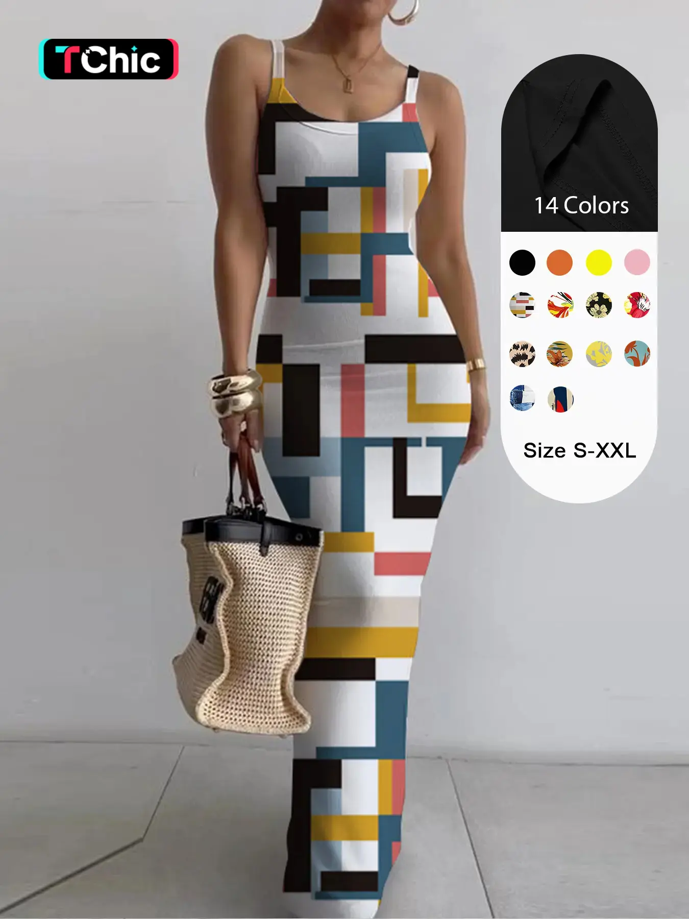 Women's All Over Print Cami Bodycon Dress, Elegant Sleeveless Scoop Neck Long Dress for Party Dating, Ladies Summer Clothes, Dresses for Women, Summer