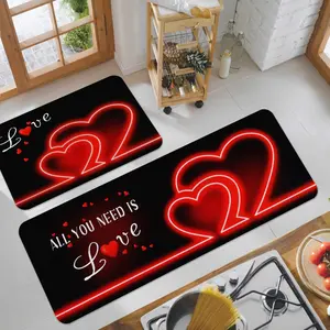 2/3pcs Valentine's Day Red Neon Effect Love Pattern Printed Kitchen Carpet Set, Long Flannel Carpet, Home Kitchen Floor Mat, Suitable for Kitchen, Bedroom, Corridor, Doorway, Festival Decoration Mat, Kitchen Runner Rug
