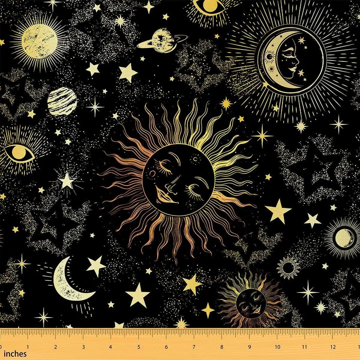 Sun Moon Fabric,Starry Sky Series Upholstery Fabric,Cosmic Planets Sun Face Pattern Decorative Fabric,Trippy Hippie Indoor Outdoor Fabric,DIY Art,Golden Black