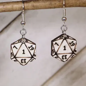 Natural 1 D20 Wooden Dangle Earrings | DnD Dice Gaming Jewelry