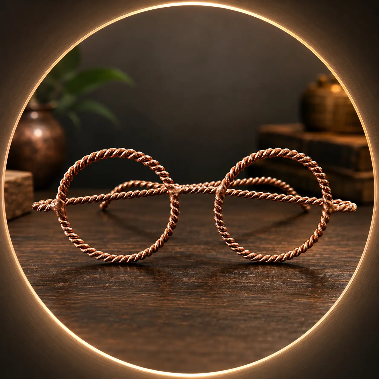 Handmade Copper Tensor Glasses Twisted Copper Wire Frame Sacred Geometry Decorative Piece Altar Desk Shelf Decor Collectible Gift Handmade Ornament Desktop Decoration Ornament