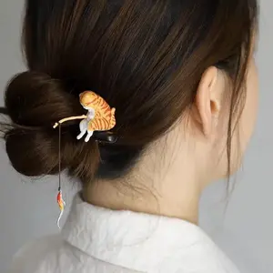 Cute Cat Fishing Hairpin Sandalwood Tassel Hair Clip, 7.09Inch Long Hair Sticks, Shawl Hair Pins Retro Chinese Hair Stick