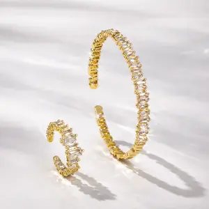 Baguette Cubic Zirconia Open Cuff Bracelet Ring Set Gold Plated Stackable Jewelry for Daily Wear Party Accessories for Women Valentines&birthday Boujee Gifts for gf