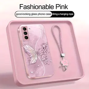 Suitable for [Galaxy S21 5g] high-end phone case，a beautiful four-leaf clover lanyard is included,exquisite and dreamy butterfly pattern,a variety of colors are available for you to choose from YM99