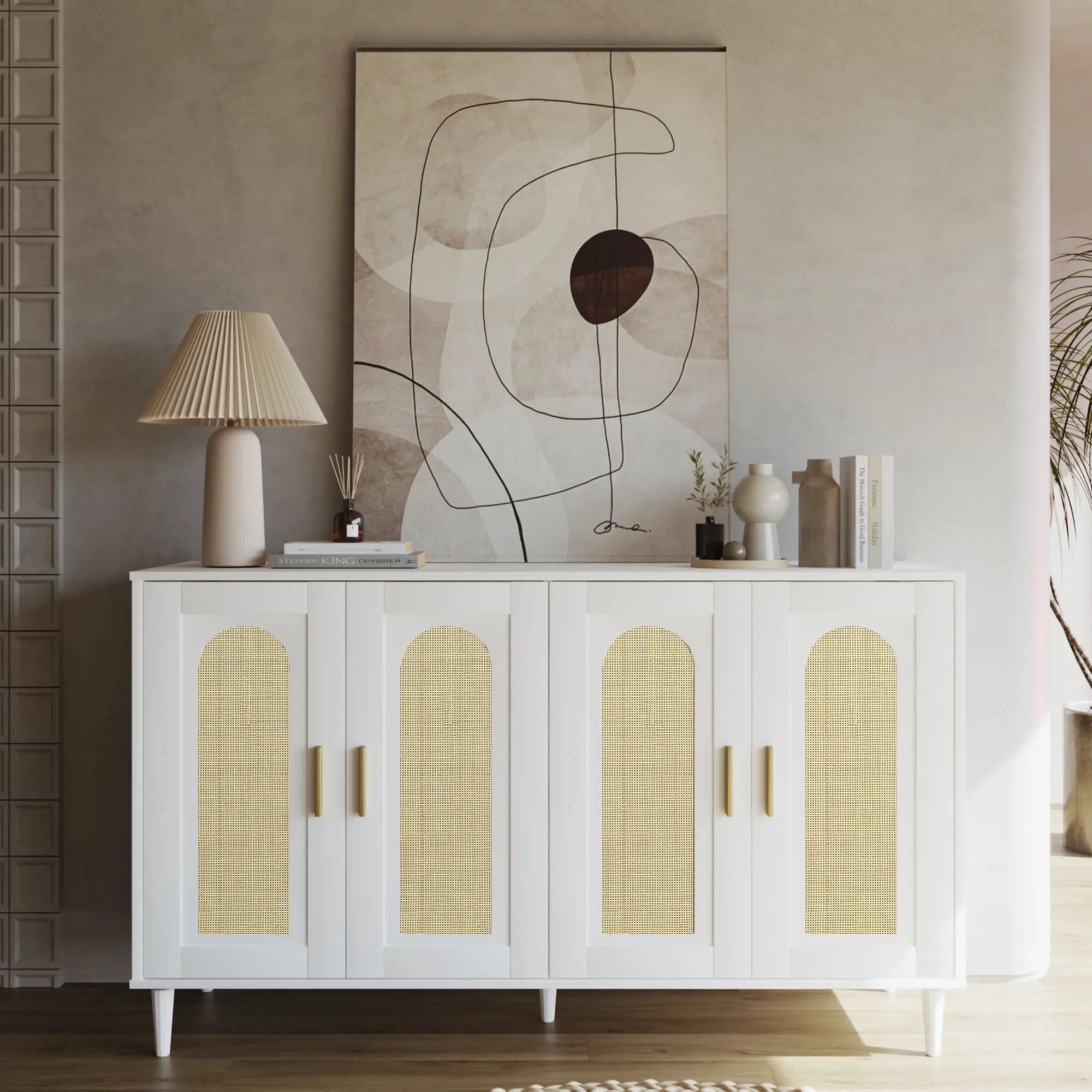 【Modern Wooden Storage Cabinet】Rattan-Decorated Sideboard Buffet with 48.4"X15"X33.3" Dimensions, Apartment Furniture for Dining Room, Hallway Use as Console Table, Liquor or Accent Cabinet