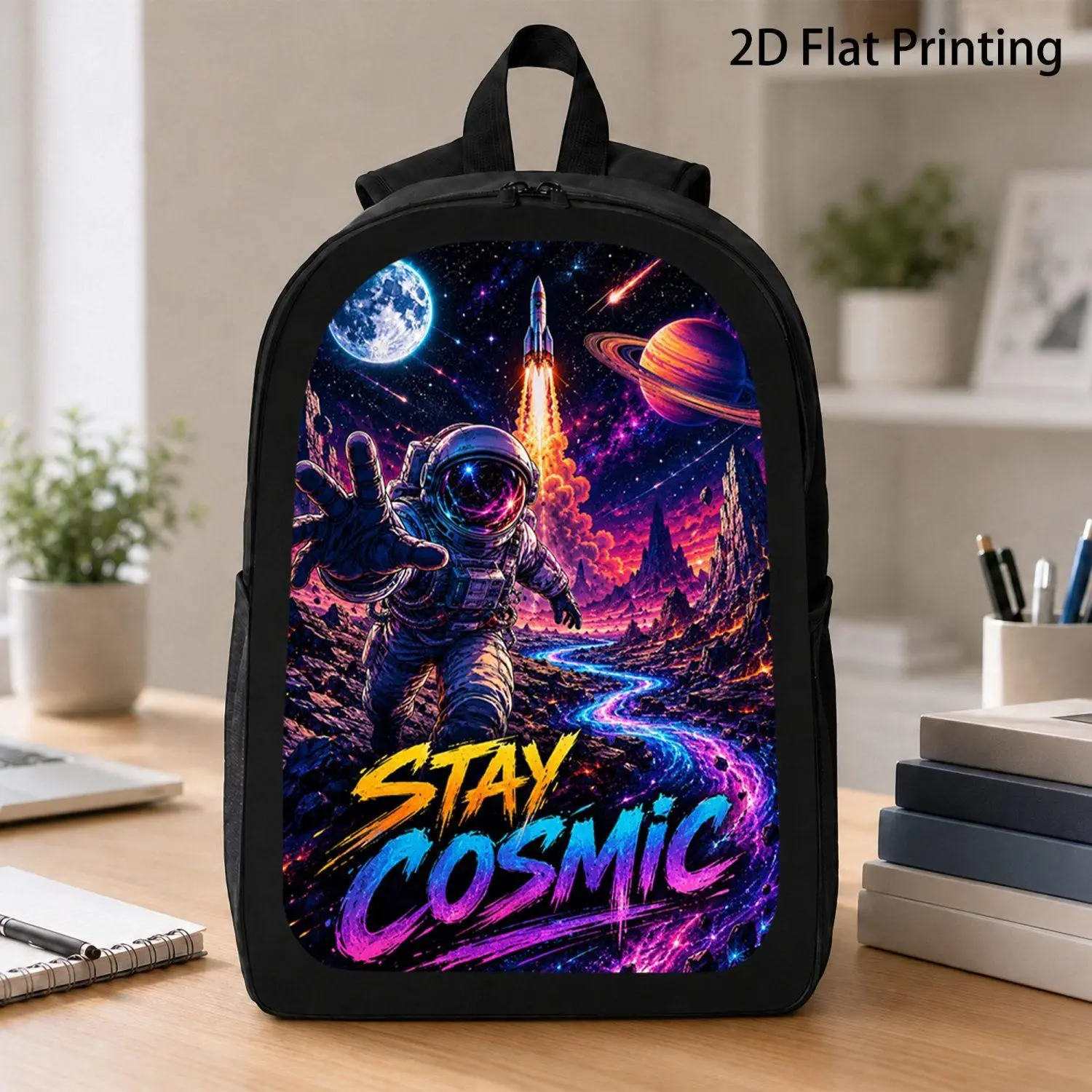 17 Inch Backpack 1pc Vibrant Cosmic Nebula Outer Space Theme Neon Color Astronaut Rocket Alien Planet Moon Galaxy Print Backpack Trending for Daily Travel and Adventure Use