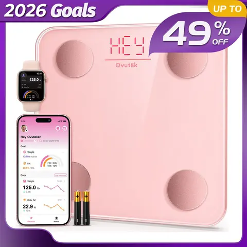 OVUTEK Pink-a Smart Digital Scale - Portable Home Scale, Healthcare Bathroom Gadget, Precise Weight Measurement, BMI & Body Fat Composition Tracking, Bluetooth Connectivity, App Data Sync, Battery Status LED, Girly Tech/Self Care/Personal Care Gadgets