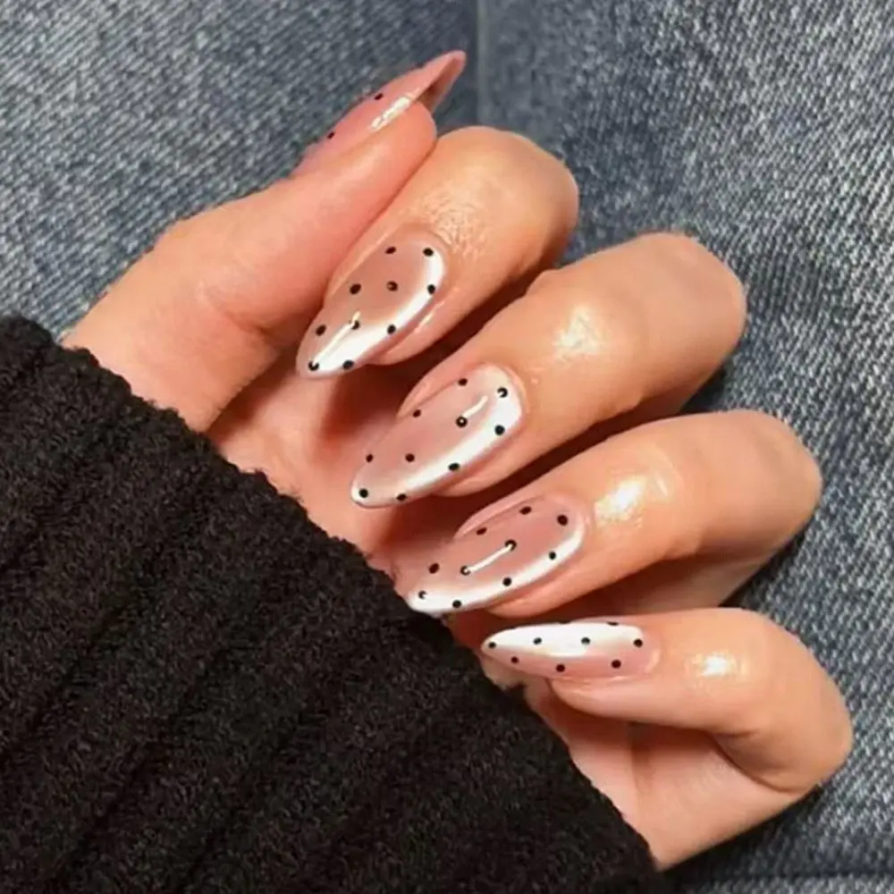 24pcs Almond Shape Polka Dot Nail Tips, Nude Cat Eye Removable False Nails, Half Handmade Press On Manicure Set with Nail File and Gel, Nail Extension, Nail Art Products, Nail Design, Almond Fake Nails