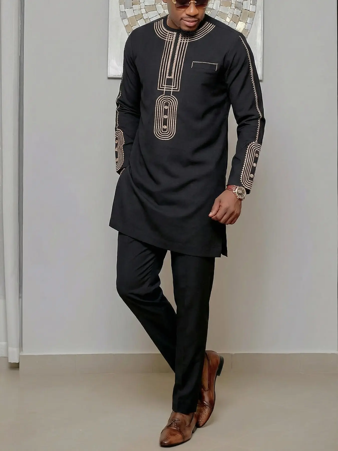 Muslim Islamic Men's 2-Piece Set African Boubou Kurta Long Sleeve Embroidered Ethnic Suit, Elegant Formal Fashion Wear for Festivals Weddings Parties Gifts