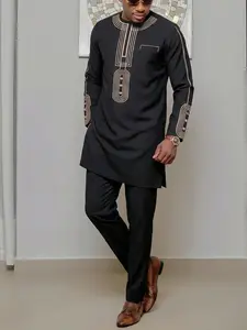 Muslim Men's 2-Piece Set African Boubou Long Sleeve Embroidered Ethnic Suit, Elegant Formal Fashion Wear for Festivals Weddings Parties Gifts