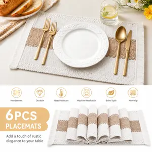 6Pcs Macrame Placemats – Farmhouse Table Decor, Natural Cotton Burlap, Beige & Brown