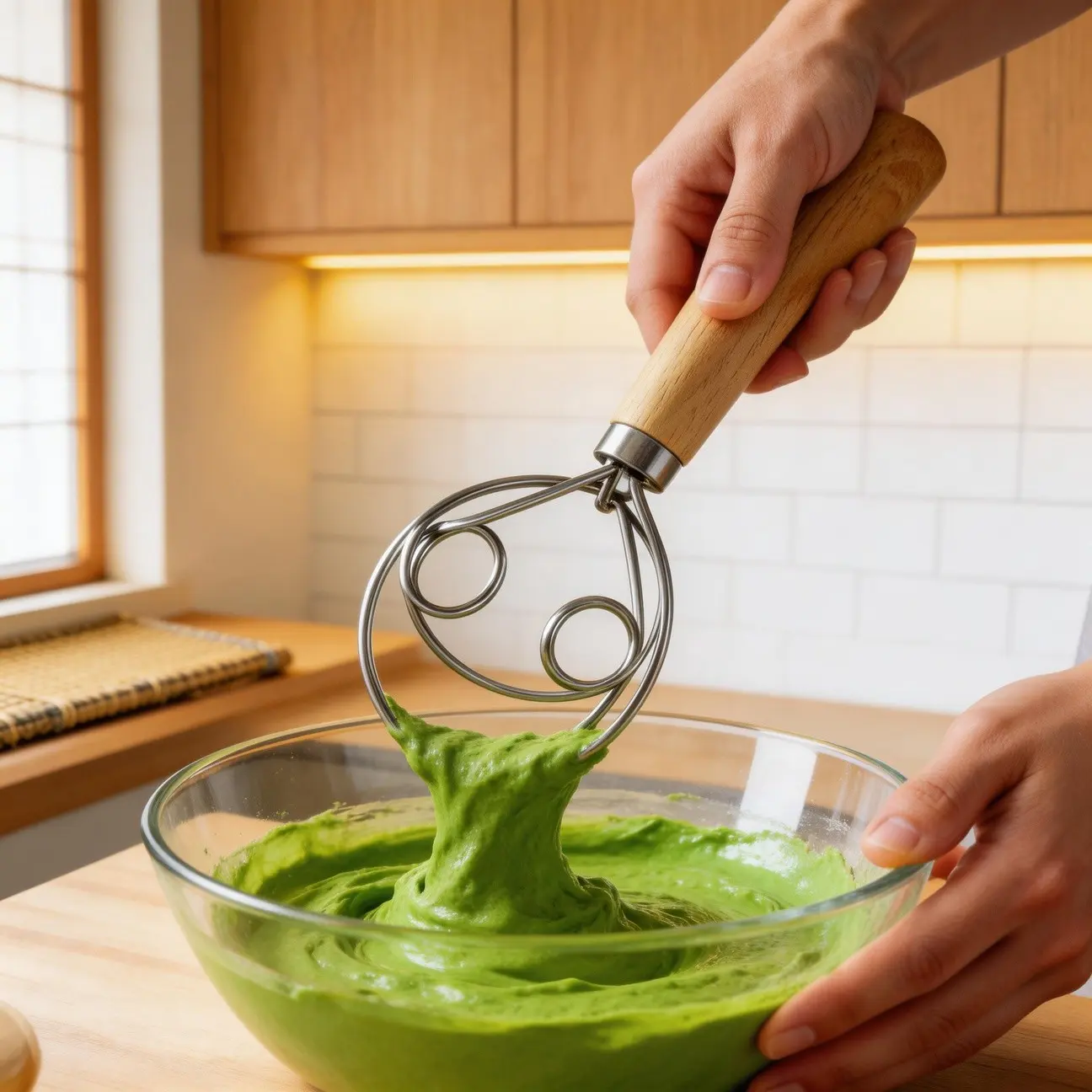 1pc Stainless Steel Manual Dough Mixer, Non-Stick Bakeware Baking Tool, Baking Supplies, for Bread, Pastry, Cake Making, No Electricity Needed, Handheld Flour Beater & Egg Whisk with Wooden Handle